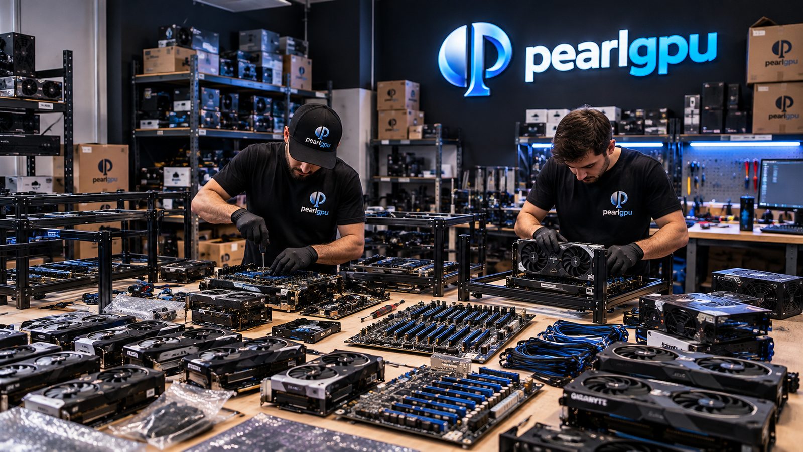 Pearl technicians wiring GPU rig frames and motherboards