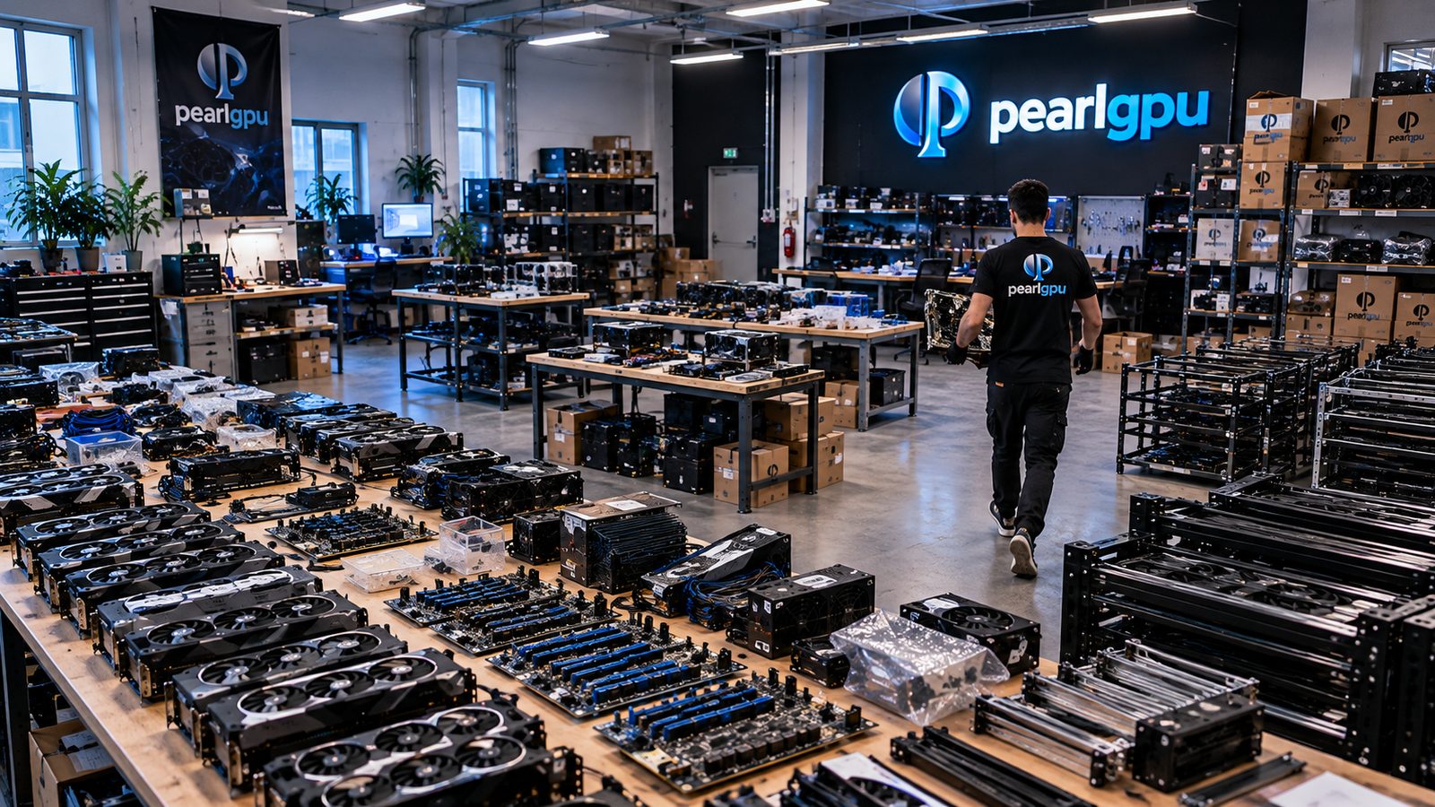Wide shot of the Pearl GPU facility floor with racks and components