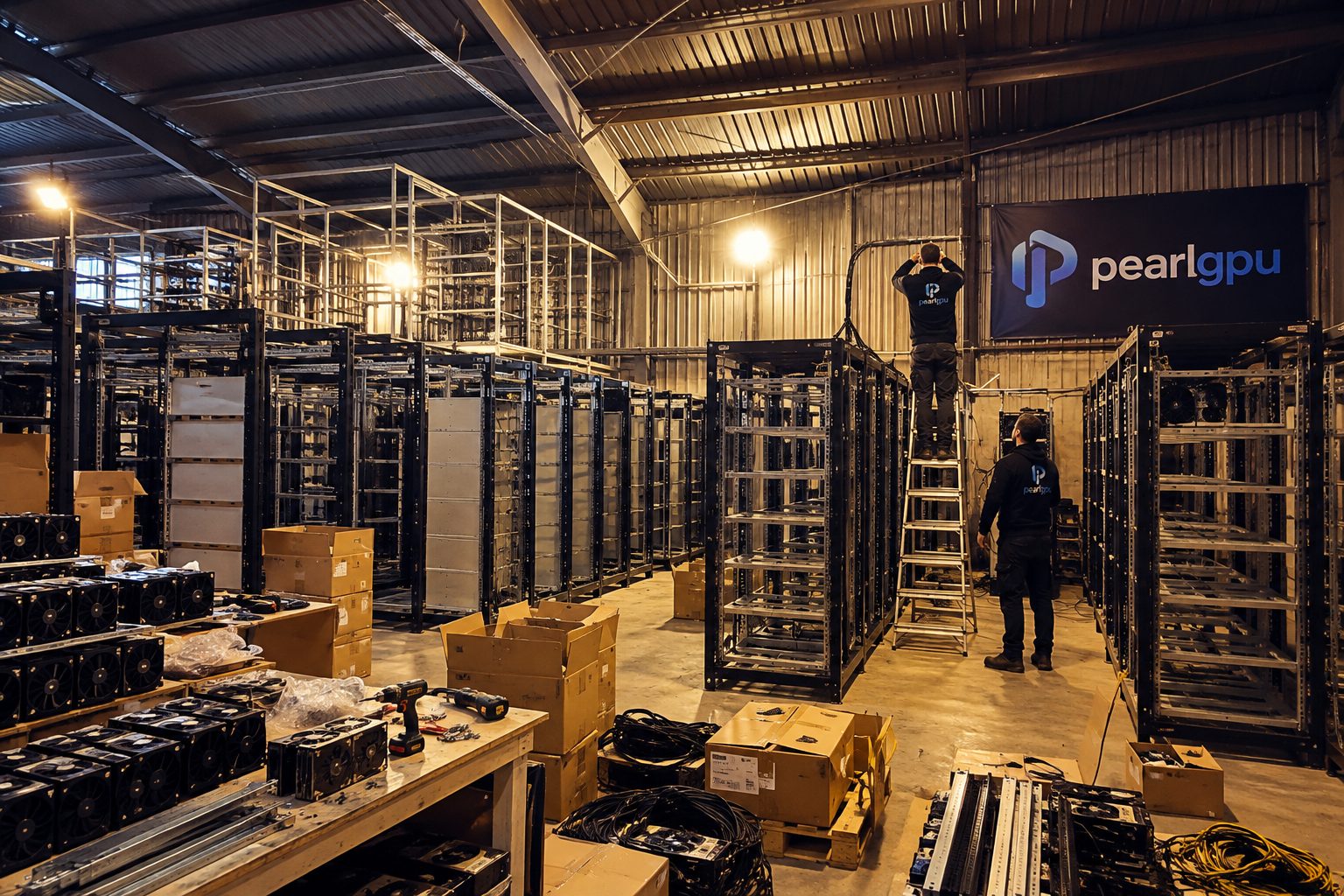 Pearl technicians building out empty rack frames in the warehouse