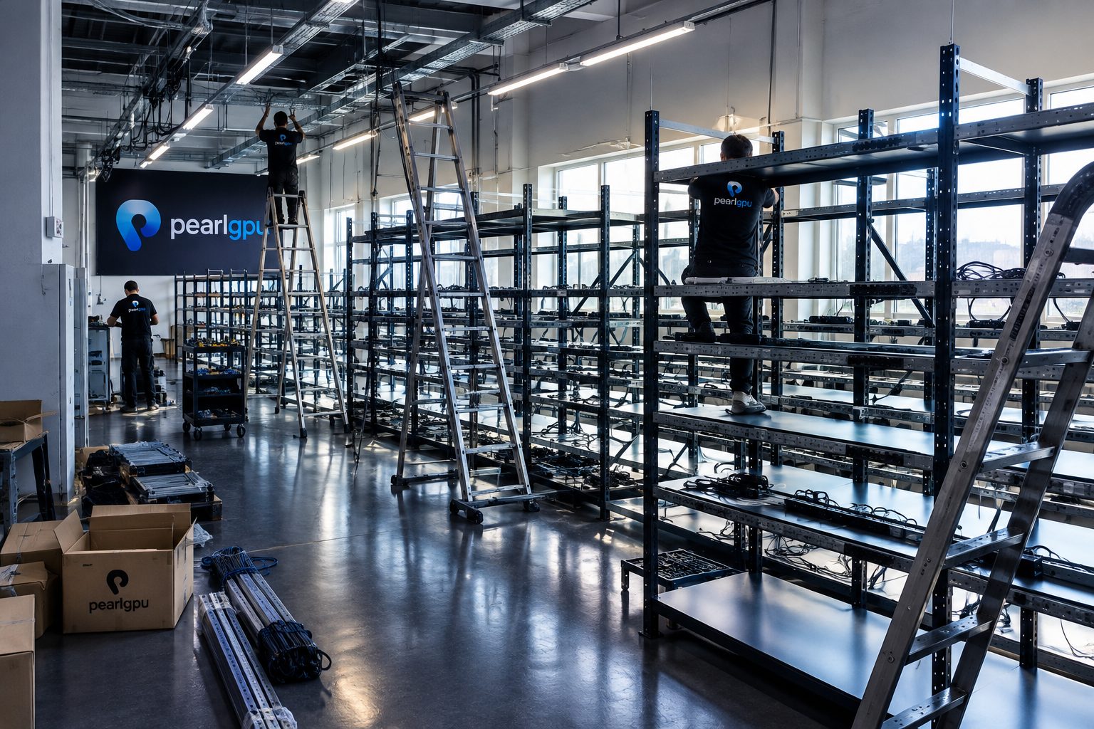 Pearl technicians installing shelving in the facility
