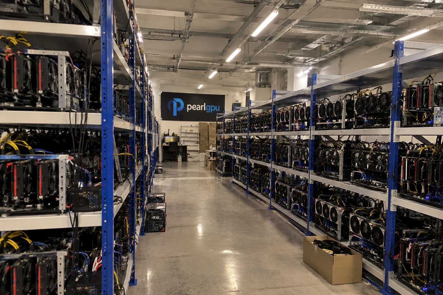Aisle view of fully racked GPU rigs at the Pearl facility